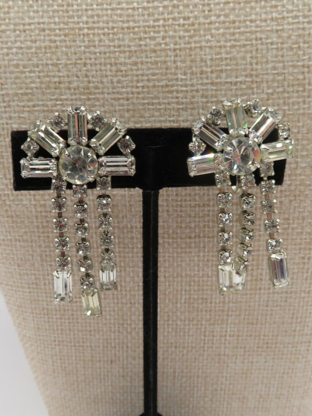 Vintage Rhinestone Cascading Drop Screwback Silver Tone Earrings